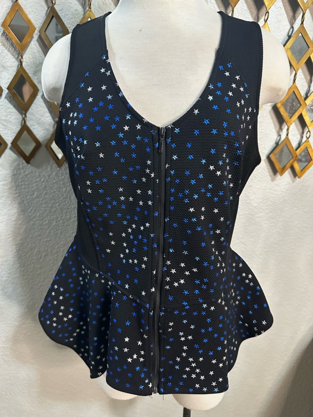 Metallic Stars Zip Front Peplum Top